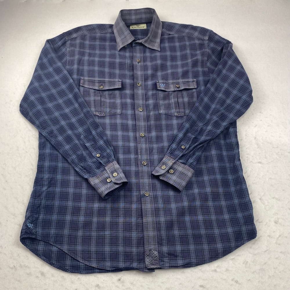 King Ranch Mens L Plaid Utility Long Sleeve Shirt Blue Gray Purple‎ Workwear